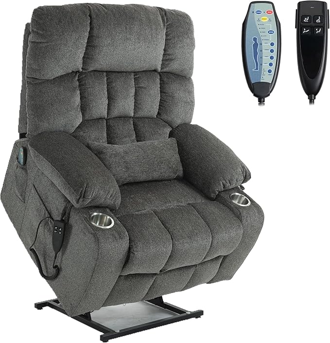 Power Lift Recliner Chair with Massage and Heating for Elderly, Oversized Lay Flat Recliner, Big and Tall 400lbs, Dual Motors, Cup Holders, Heavy Duty, Adults (Grey)