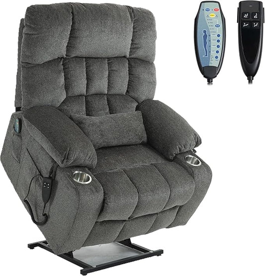 Power Lift Recliner Chair with Massage and Heating for Elderly, Oversized Lay Flat Recliner, Big and Tall 400lbs, Dual Motors, Cup Holders, Heavy Duty, Adults (Grey)