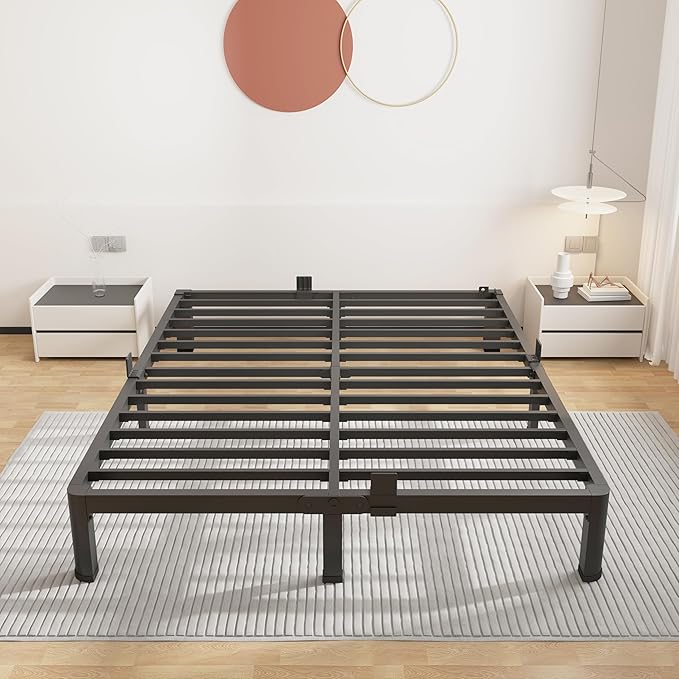 ROIL 7 inch Metal Queen Bed Frame with Rounded Corner Mattress Retainers 3500LBS Heavy Duty Steel Slats No Box Spring Needed Platform Noise-Free Easy Assemble
