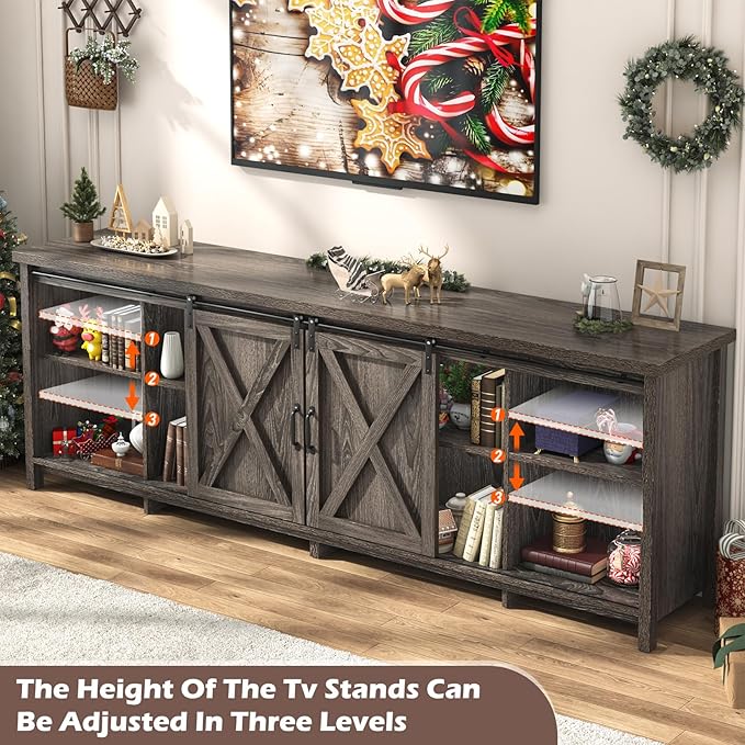 Farmhouse TV Stand for 90 Inch TV with Sliding Barn Door, Rustic Wood Entertainment Center Large Media Console Cabinet Long Television Stands,Console Table and Media Furniture for Living Room(Grey)