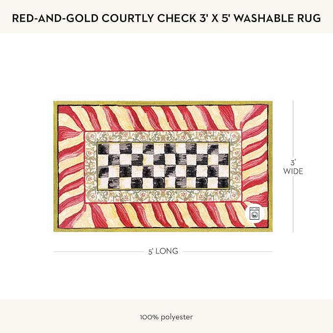 MACKENZIE-CHILDS Washable Rug, Decorative Indoor Rug, 3' x 5', Red-and-Gold Courtly Check