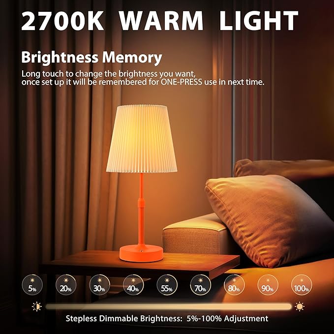Cordless Table Lamp, 2700K Stepless Dimmable Wireless Touch Lamp with 2 Bulbs, 5200mAh Rechargeable Battery Operated Lamps for Living Room, Kitchen, Bedside, Dining Room, Bar(Orange)