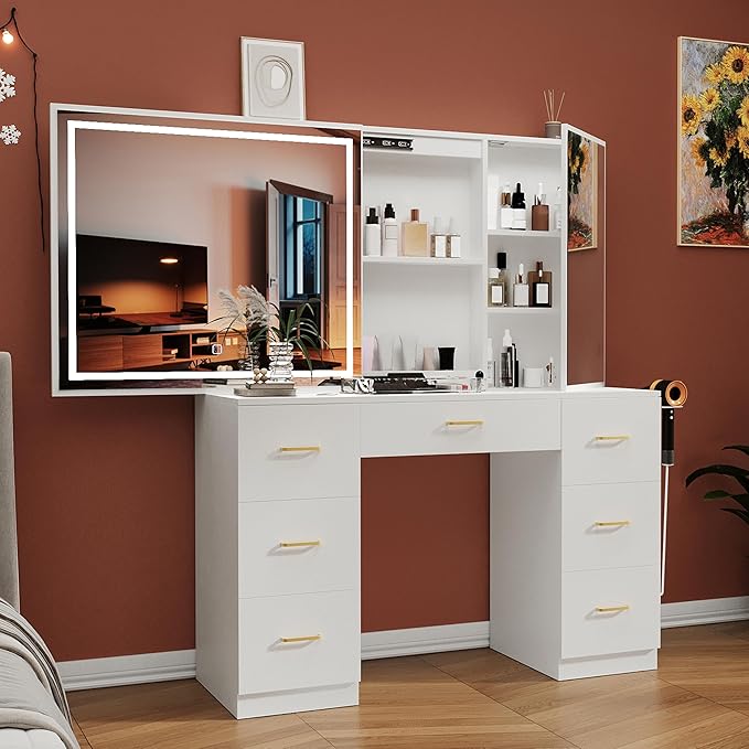 Vanity Desk with Lighted Mirror and Charging Station&Glass Tabletop, Sliding Mirror Makeup Vanity Table, Dressing Table with Hidden Storage Cabinet, Brightness Adjustable(Glass Tabletop-No Stool)