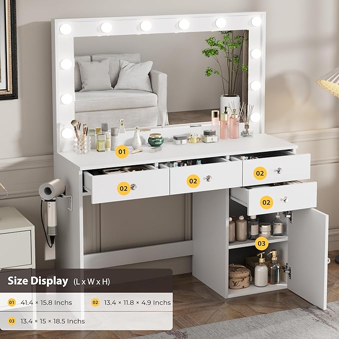 Vanity Desk with Mirror and Lights, 41.4'' Makeup Vanity Desk with 4 Drawers and Large Cabinet, 3 Lighting Modes Adjustable Brightness, White Vanity with Power Outlet for Bedroom