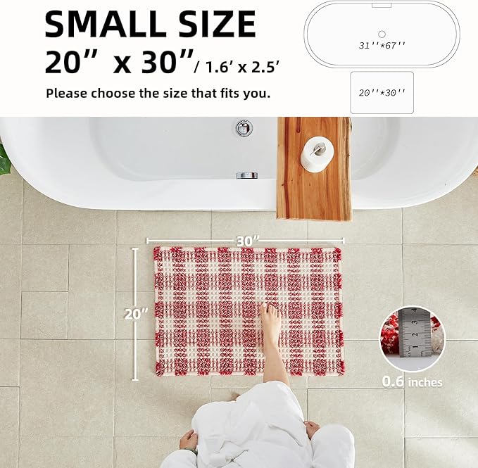 Waffle Bath Mat, Boho Bathroom Rugs Non Slip Washable Absorbent Checkered Bathroom Mat Quick Dry Cute Bath Mat, 30"x20" Red and White