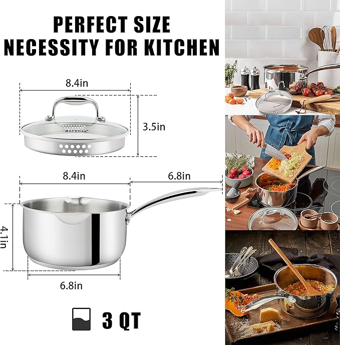 Rorence 3-Quart Saucepan with Lid: Pour and Strain Stainless Steel Sauce Pan with Pour Spouts, Capsule Bottom & Tempered Glass Lid