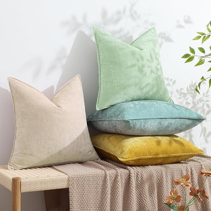 decorUhome Couch Throw Pillow Covers 24x24 Set of 2, Decorative Soft Euro Neutral Chenille Pillow Covers with Elegant Design for Sofa Bed Living Room Home Decor, Sage Green