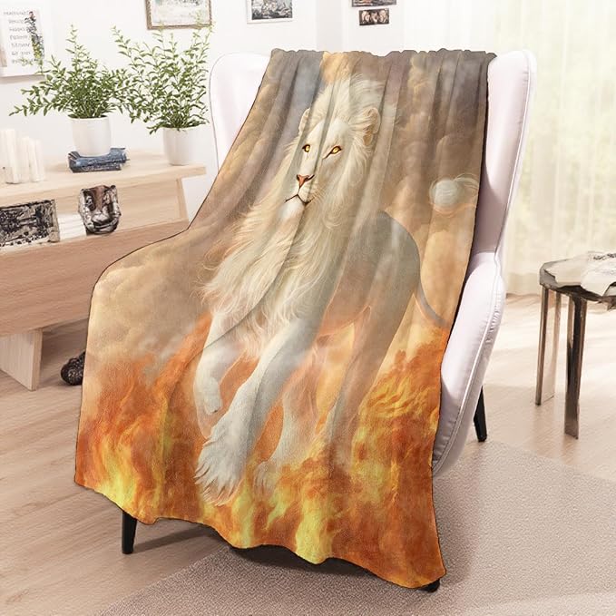 White Lion Blanket, Cozy Flannel Majestic Lions with Fiery Flames Throw Blanket for Couch Outdoor, Plush Soft Lightweight Travel Blankets for Bed Decor and Gifts, for Women Kids Adults 40"x50"