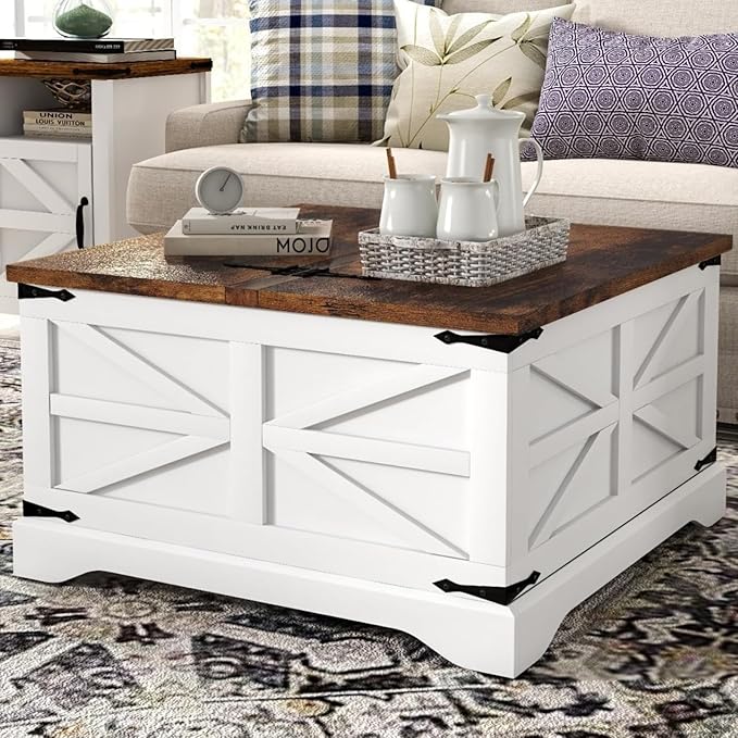 oneinmil Farmhouse Coffee Table with Storage Organizer, Square Coffee Tables with Large Storage Space, Center Table for Living Room, Bedroom, Home Office, White