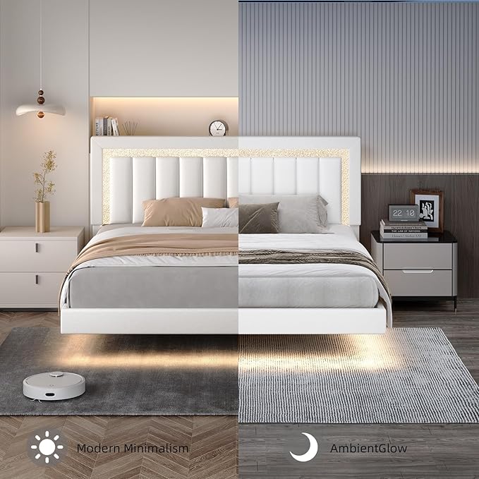 HOMBCK Floating Bed Frame King with Smart LED Lights, Faux Leather Upholstered Bed with Diamond PU Headboard, No Box Spring Needed, Noise-Free, Easy Assembly, White