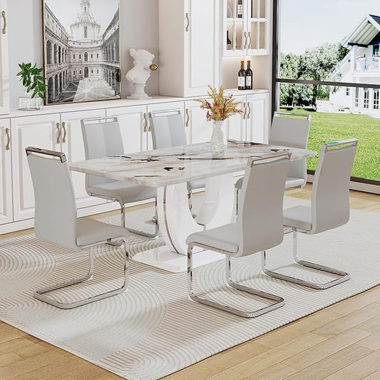 Dining Table Set for 6, Kitchen Table Chairs Set of 6, Modern Dining Room Set with 63 inch Marble Dinner Table PU Leather Upholstered Chairs for Dining Room Kitchen