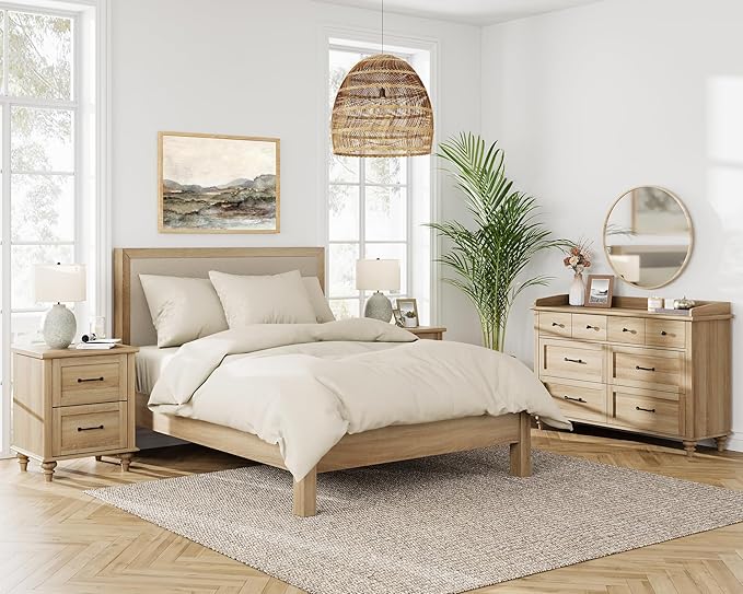 WAMPAT Farmhouse 6 Drawers Dresser for Bedroom, Wooden Chest of Drawers Kids Dresser with Solid Wood Legs, Rustic Storage Dressers Organizer for Living Room & Kids Room, Oak, 47 Inch