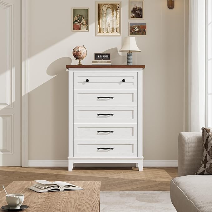 GarveeHome 5 Dresser for Bedroom, 41.3" Tall Vertical Drawer Dresser with Large Storage, Freestanding Wooden Closet Chest for Bedroom, Living Room, White + Brown