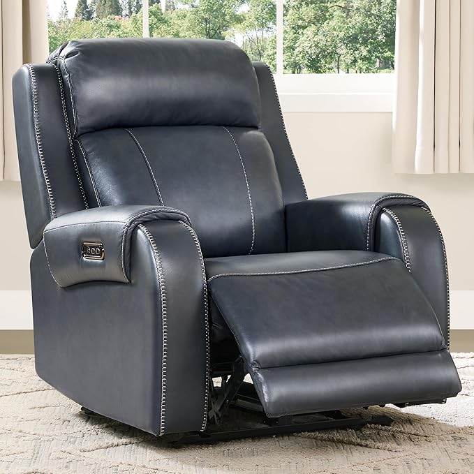 CHITA Genuine Leather Power Recliner Chair for Adults, Electric Wall Hugger Recliner with Adjustable Power Headrest & USB/Type-C Ports, Compact for Small Spaces & Living Rooms, Navy Blue