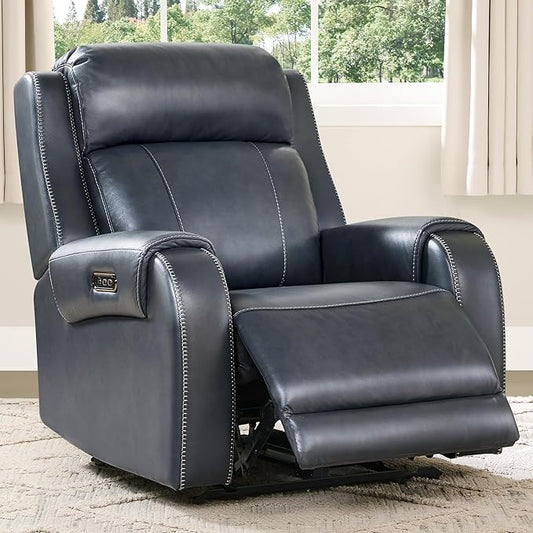 CHITA Genuine Leather Power Recliner Chair for Adults, Electric Wall Hugger Recliner with Adjustable Power Headrest & USB/Type-C Ports, Compact for Small Spaces & Living Rooms, Navy Blue