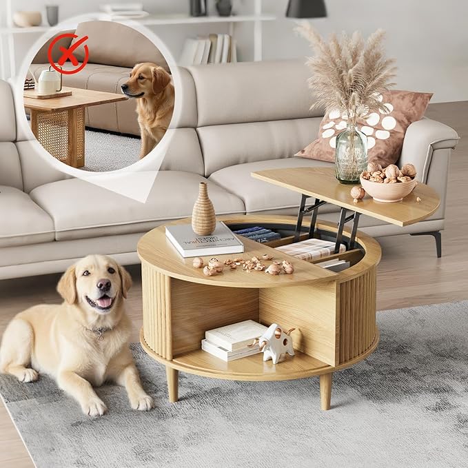 Round Coffee Table with Storage, Fluted Lift Top Coffee Table for Living Room, 31.5" Mid Century Modern Center Table with Sliding Cabinet Door, Natural Oak
