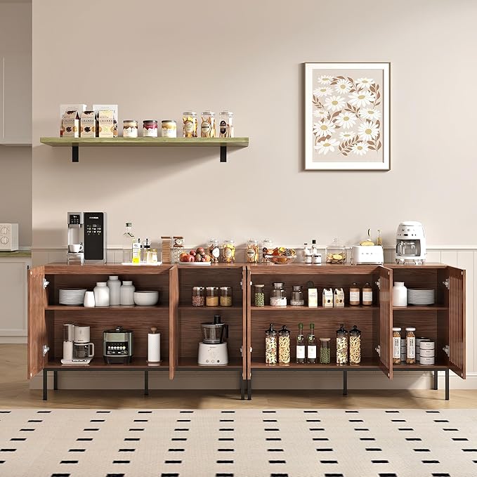 Farmhouse TV Stand for TVs up to 100 inch, 2 in 1 Entertainment Center TV Console with Storage Cabinets and Metal Base,Brown Media Console for Living Room