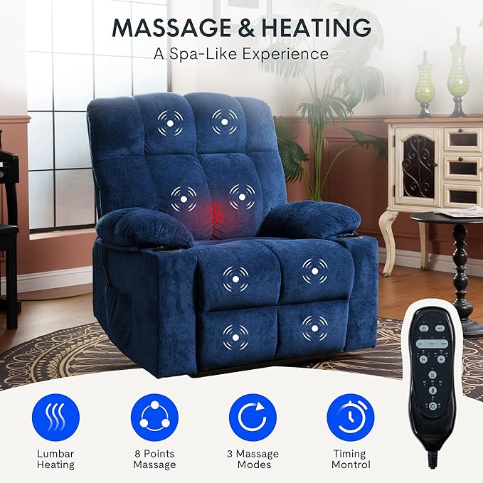 FLEXISPOT XL5 Dual OKIN Motor Power Lift Recliner Chair for Elderly, Lay Flat Electric Recliner with Massage & Heat, USB Ports, Fabric Reclining Sofa for Living Room Bedroom, Blue