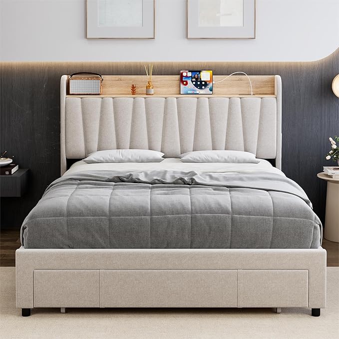 GarveeHome Upholstered Bed Frame with Storage Headboard and Charging Station, Platform Bed Frame with Drawers, Heavy Duty, No Box Spring Needed, Easy Assembly, Beige, Full Size