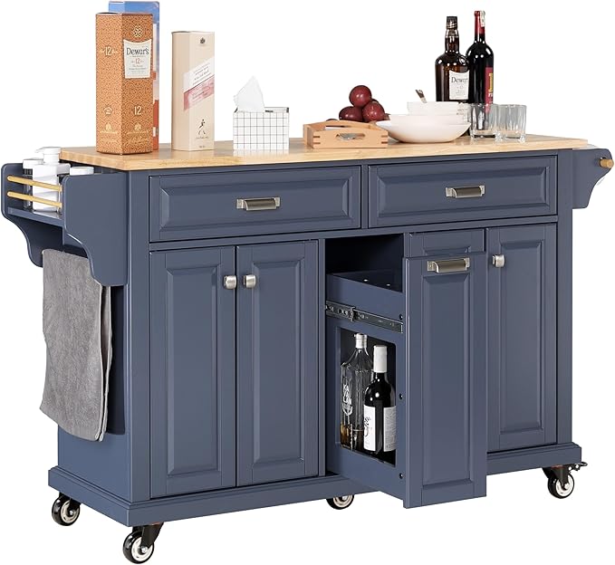 Generic Cambridge Mobile Kitchen Island on Wheels with Storage and Wood top, Rolling Island with Spice Rack and Towel Holder, 60.5 Inch Width Island Table for Kitchen, (Blue), Large