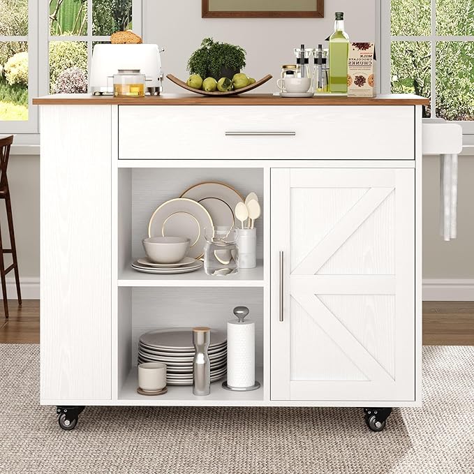 4 EVER WINNER Kitchen Island on Wheels, Kitchen Island Cart with Spice Rack & Towel Rack, Storage Cabinet & Drawer, Farmhouse Coffee Bar with Open Shelves for Dining Room,White