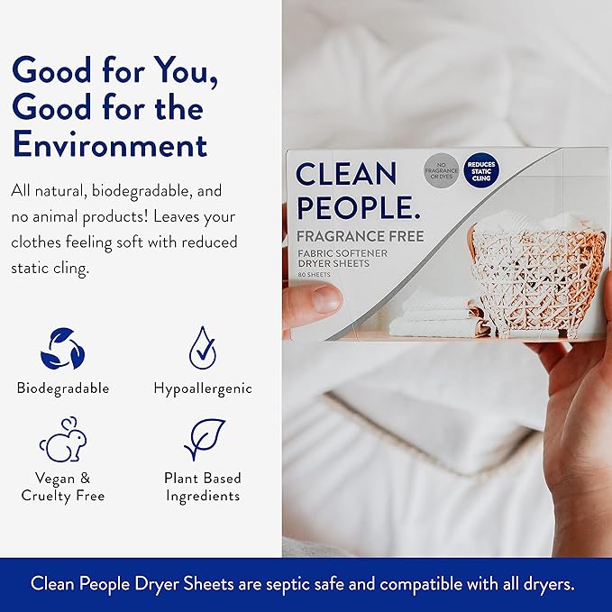 The Clean People Fabric Softener Sheets - Dryer Sheets - Softens & Removes Static Cling - Vegan Laundry Softener, Essential Oils - Fragrance Free 240 Pack