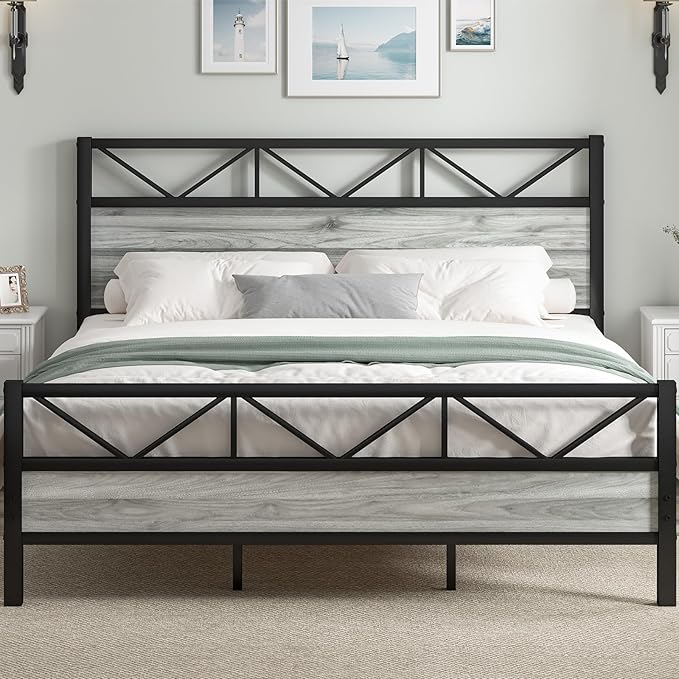 King Bed Frame and Headboard, Industrial 51.2" Tall Headboard, King Platform Bed Frame with Heavy Duty Metal Slats Support, No Box Spring Needed, Noise-Free, Easy Assembly, Wash Grey