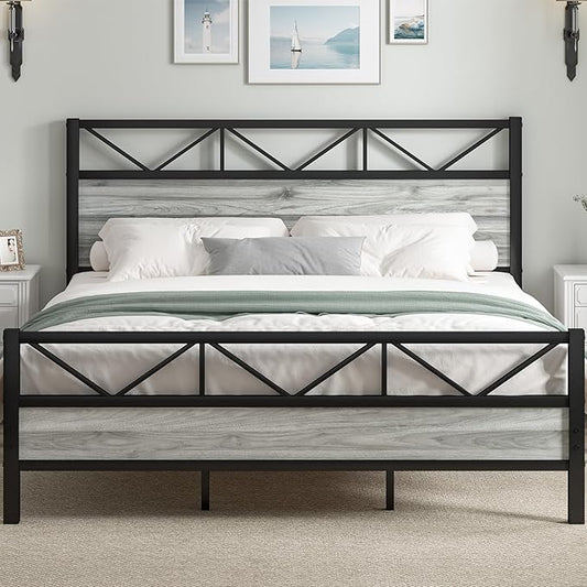 King Bed Frame and Headboard, Industrial 51.2" Tall Headboard, King Platform Bed Frame with Heavy Duty Metal Slats Support, No Box Spring Needed, Noise-Free, Easy Assembly, Wash Grey