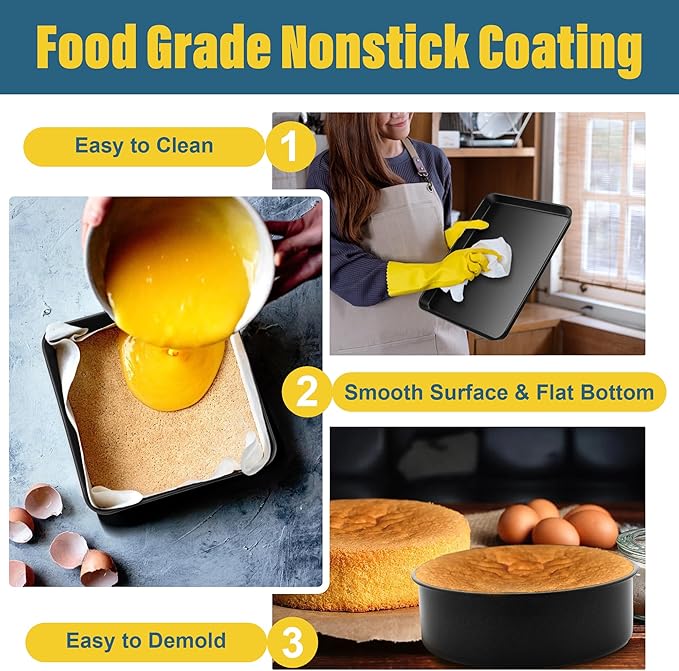 E-far 6-Piece Bakeware Sets, Nonstick Stainless Steel Baking Pans Set - 8x8 Square/Round Cake Pan/Muffin/Loaf Pan/Roasting Tray/Cookie Sheet - for Kitchen Oven Cooking Lasagna Brownie Casserole, Black