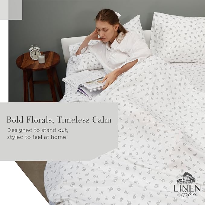 Linen Home 100% Cotton Printed Percale Sheets Queen Size, Deep Pocket, 4 Pieces Set - 1 Flat, 1 Deep Pocket Fitted Sheet and 2 Pillowcases, Crisp Cool and Strong Bed Linen, Grey Silhouette Floral