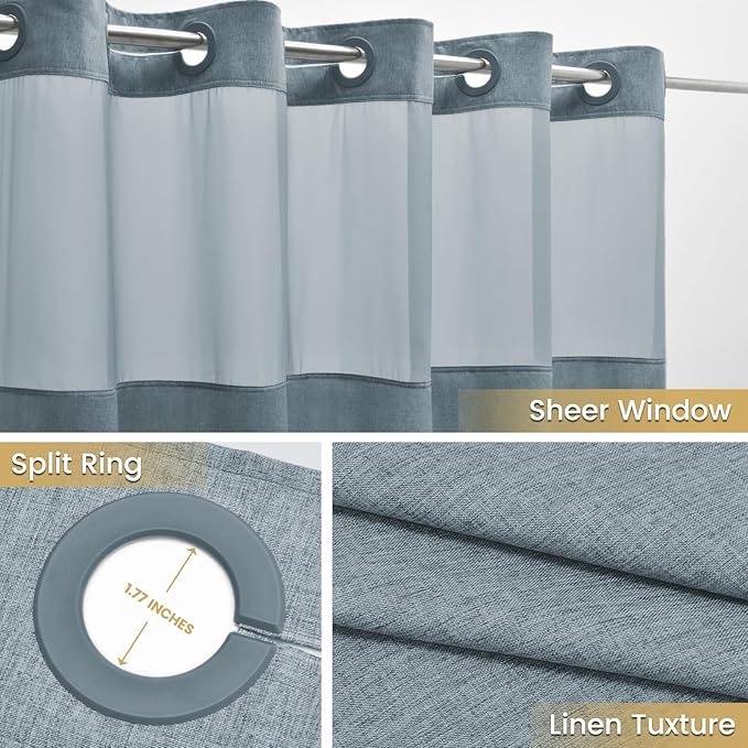 No Hook Shower Curtain with Snap in Liner, Polyester Textured Shower Curtain with Liner Set, Waterproof Washable Hotel Style Shower Curtains for Bathroom, 71Wx74H, Blue Grey