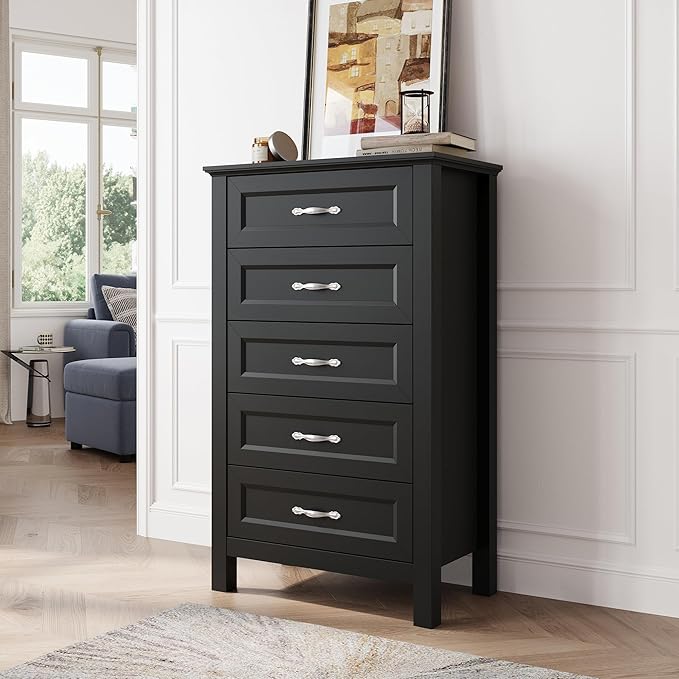 LINSY HOME Dresser for Bedroom, 5 Drawer Dresser with Metal Handles, Tall Chest of Drawers for Living Room, Entryway and Hallway, Black