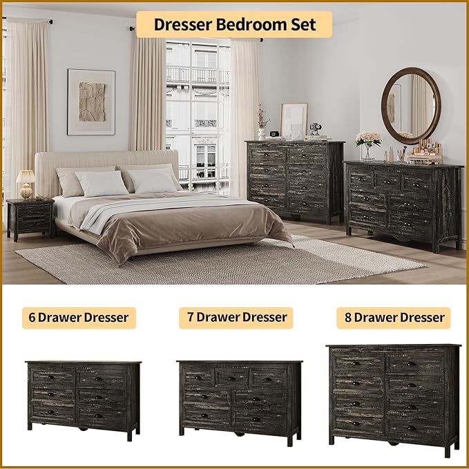 Dresser for Bedroom, Modern Black Dresser with 8 Drawers, Wide Chest of Drawers with Metal Handles,Wood Double Storage Cabinet for Living Room, Bedroom, Hallway