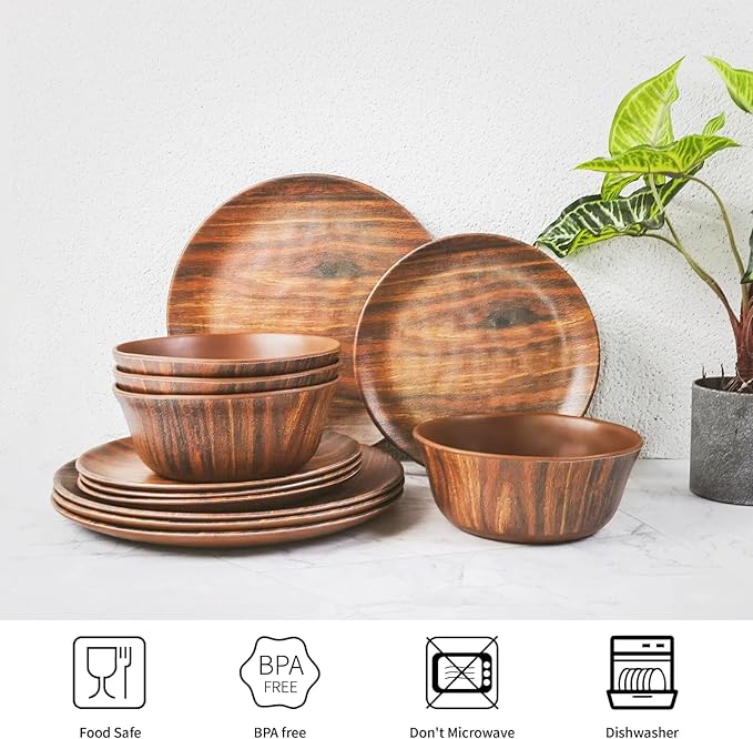 TP 18-Piece Dinnerware Set, Melamine Dishes Set with Bowls and Plates, Service for 6, Non-breakable Lightweight Dining Tableware, Rosewood Grain