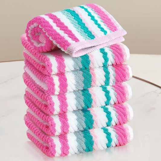 VOOVA & MOVAS Pink Soft Towel Set (6PC, 100% Cotton), Wash Cloth 13" x13, Striped Absorbent Towels Set for Bathroom & Guest, Luxury Towel Gift Set, Pink and Aqua Stripe