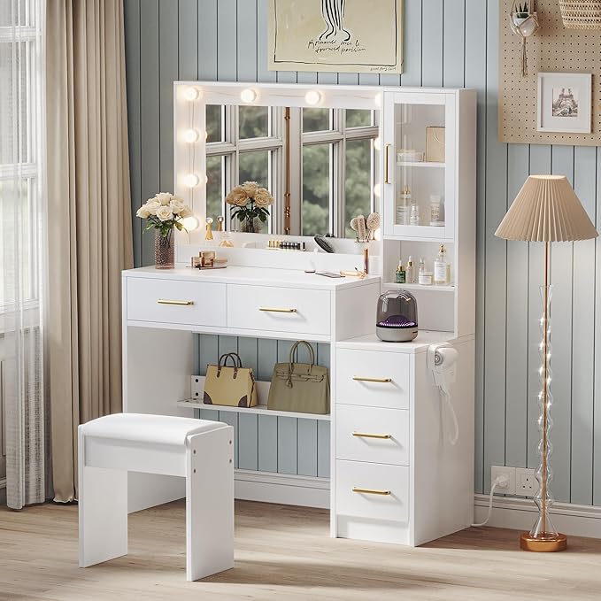 Makeup Vanity with Lights & Charging Station, White Vanity Table with 5 Drawers & Open Storage Shelves ， Bedroom Makeup Dressing Table Set for Women Girls