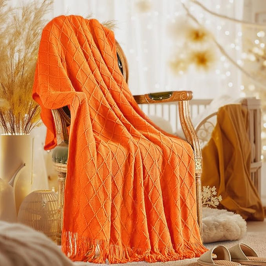 inhand Fall Throw Blanket Burnt Orange for Couch, Soft Living Room Home Decor Knitted Twin Size Blanket, Outdoor Lightweight Breathable Summer Blanket, Farmhouse Warm Woven Decorative, 60"x80"