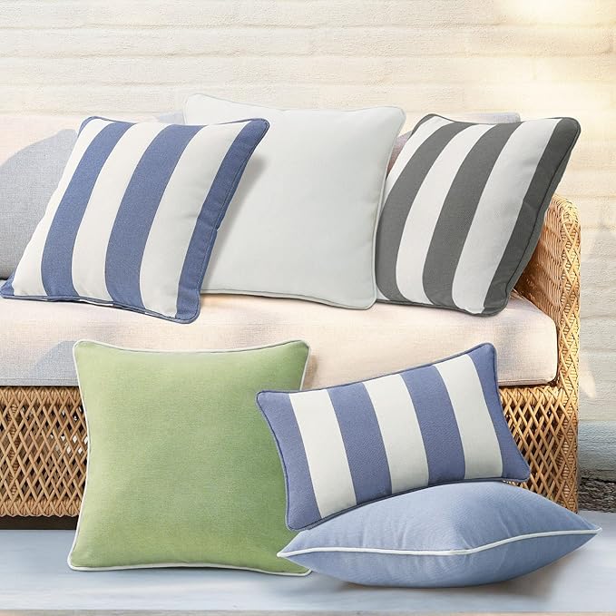 Decorative Outdoor Water Repellent Throw Pillows with Inserts, Set of 4, 18" x18" Pillows for Patio, Backyard, Bed, Couch, and Patio Furniture, Gray Stripe