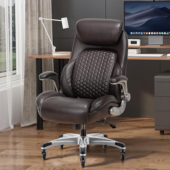 COLAMY Office Chair Ergonomic Desk High Back Executive Chair with Pop-Out Lumbar Support, Upgraded Casters, Adjustable Headrest, Flip-Up Arms, Leather Home with Thick Cushion for Comfort - Brown