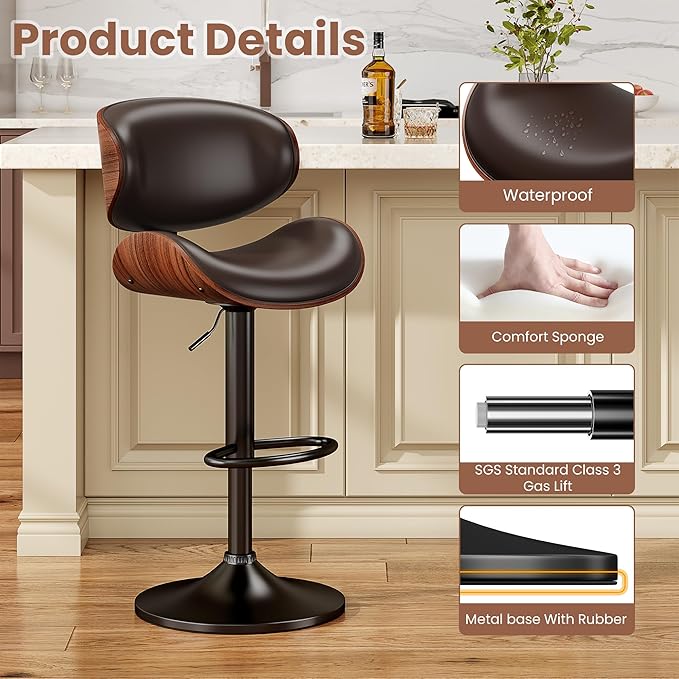 Bar Stools Set of 4, Modern Pu Leather Swivel Adjustable Bar Stool Counter Height Stool Set, Bar Chair with Back and Footrest for Kitchen, Dining Room, Brown