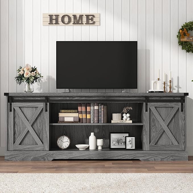 Farmhouse TV Stand for 70/75/80 Inch TV, Entertainment Center Storage Cabinets with Sliding Barn Doors, Media Console Cabinet for Living Room, Grey