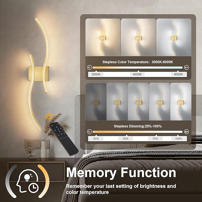 Battery Operated Wall Sconces Set of Two with Remote Control, Stepless Colors 3000K-6000K & Dimming, LED Brass Wireless Wall Light for Living Room, Hallway, Bedroom, 27.5 Inch (2 Pack)