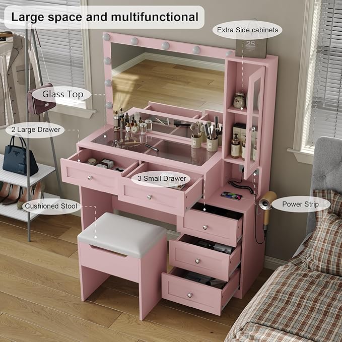 43" W Vanity Desk with Mirror & 11 Lights, 5 Drawer Modern Makeup Desk with Glass top & Cushioned Stool, 3 Lighting Modes Brightness Adjustable,Power Outlet,Bedroom，Pink