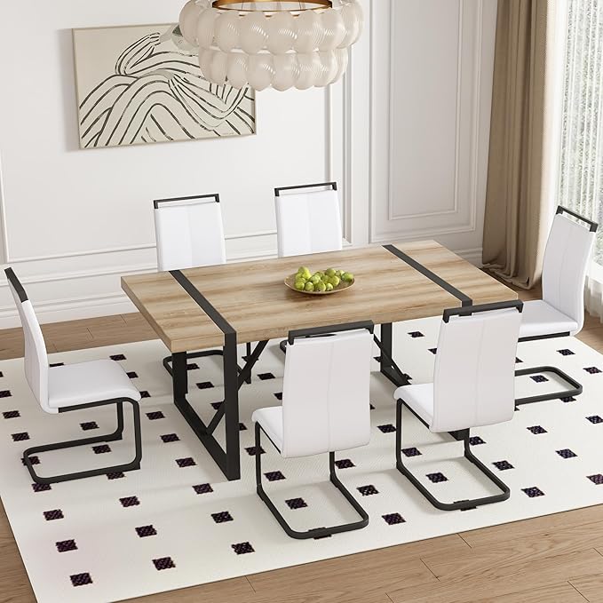 Dining Table Chairs Set for 6, Modern Rectangular Dining Room Table Set PU Leather Upholstered Dining Chairs 71" Dinner Table Set for Kitchen (White, 71 Inch Brown Table+6 Chairs)