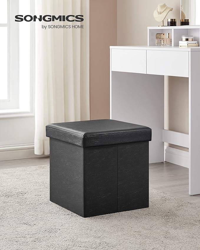 SONGMICS MAZIE Collection - 15 Inches Ottoman with Storage, Footstool, Storage Ottoman, Load 660 lb, for Dorm, Living Room, Bedroom, Synthetic Leather, Black ULSF101