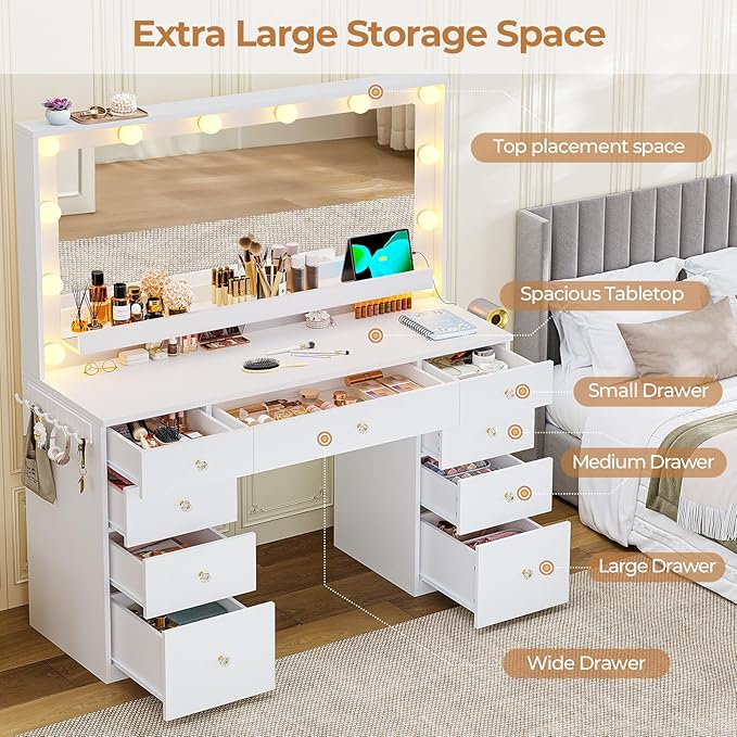 Hasuit Makeup Vanity Desk with Large Lighted Mirror and 9 Drawers, Large Vanity Desk with Storage Rack, Hook, Crystal Handle, White Bedroom Dressing Table Set with Charging Station, Lights Adjustable