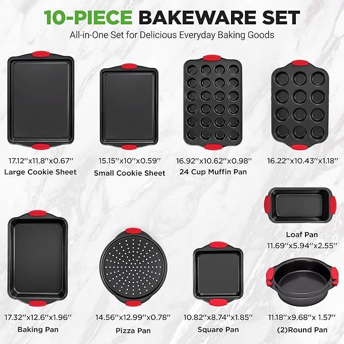 NutriChef 10-Piece Nonstick Kitchen Oven Baking Pans - Premium & Stylish Non-Stick Carbon Steel - Commercial Grade Restaurant Quality Metal Bakeware with Silicone Handles - Easy to Clean, NCSBS10S
