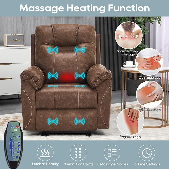 Power Recliner Chair, Wall Hugger Recliner with Massage and Heat, PU Leather Recliner Chair with 2 Side Pockets & USB Ports for Living Room
