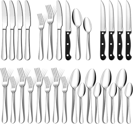 ENLOY 24 Pieces Silverware Set with Steak Knives, Stainless Steel Flatware Cutlery, Include Knife Fork Spoon, Mirror Polished, Dishwasher Safe, Service for 4