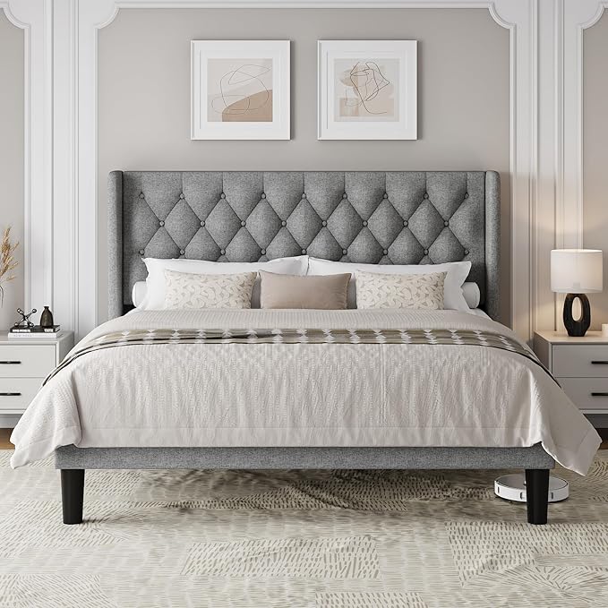 King Size Upholstered Bed Frame with Wingback Headboard, Fabric Linen Platform Bed, 8" Under Bed Storage, Wooden and Metal Slats Support, No Box Spring Needed, Light Grey
